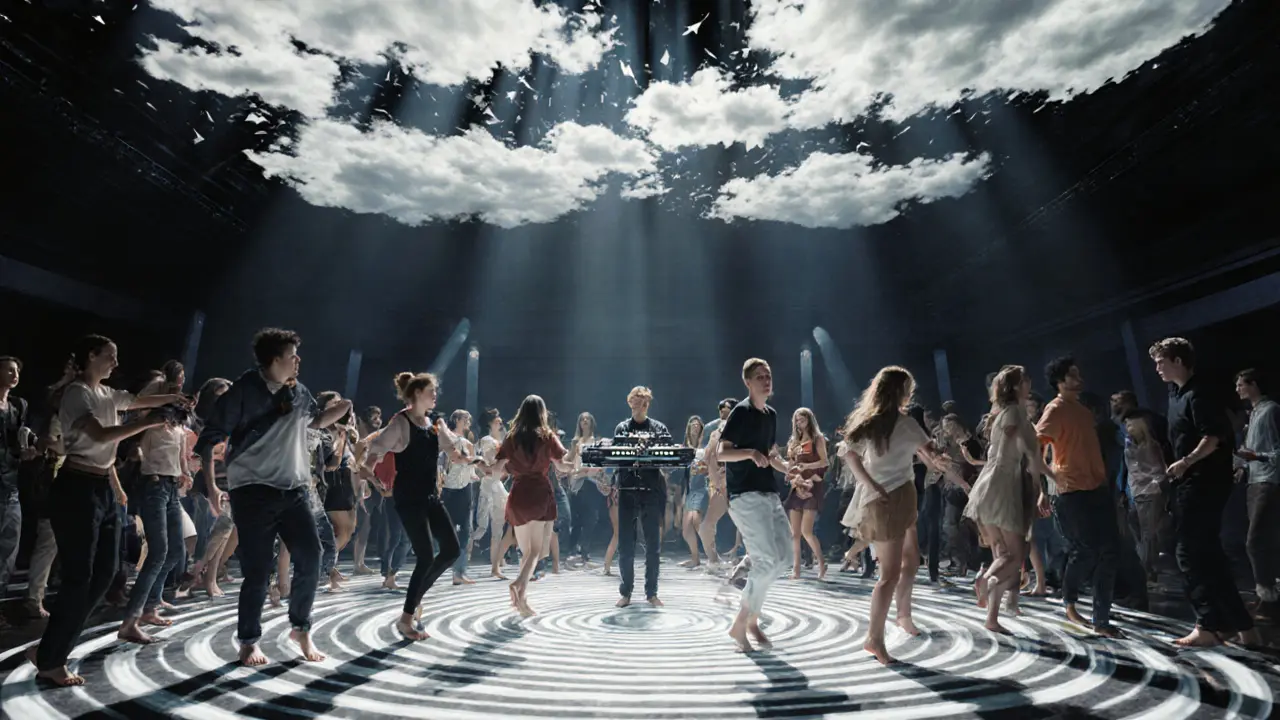 A diverse crowd dances on a vibrating floor as sound waves ripple through the air, with a DJ among them surrounded by glowing synthesizers.