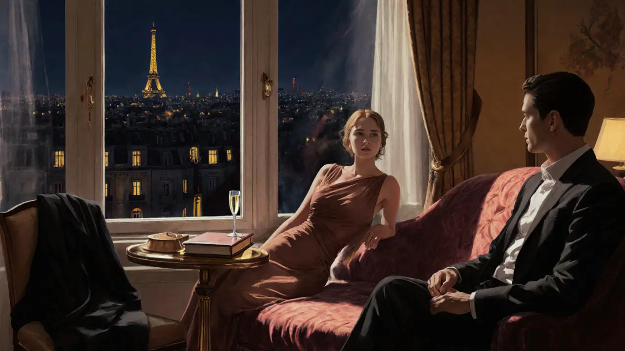 A luxurious Paris hotel room at night with a woman in evening dress on a chaise lounge, city lights visible through the window.