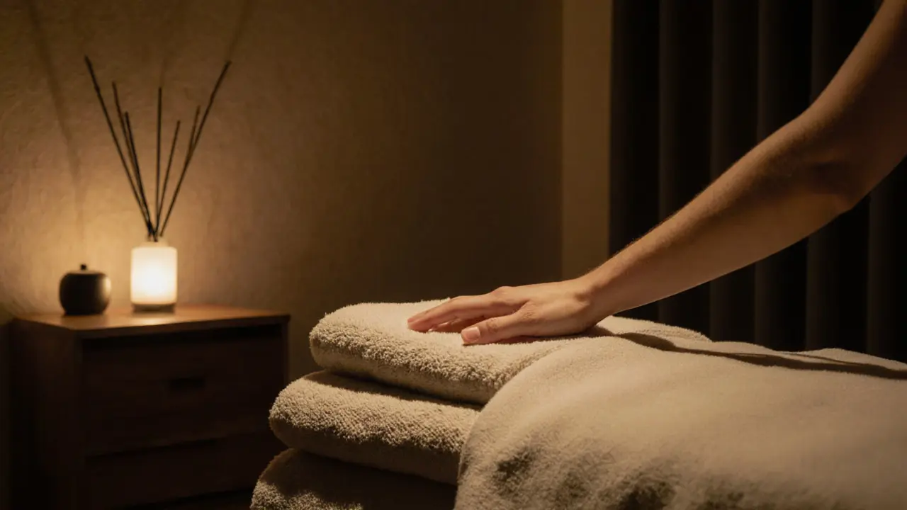 A peaceful massage studio with warm lighting and linen towels, suggesting calm and touch-based connection.