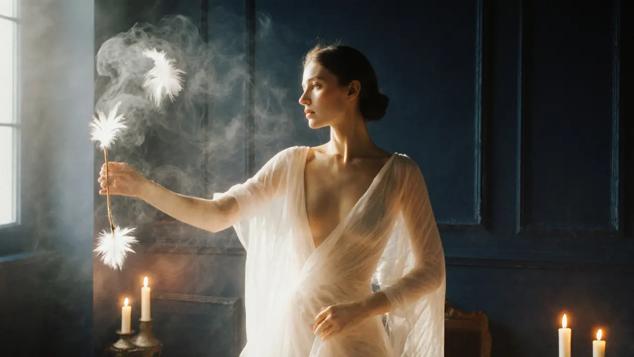 A performer in a candlelit salon moves gracefully amid drifting feathers and smoke, bathed in warm amber light.