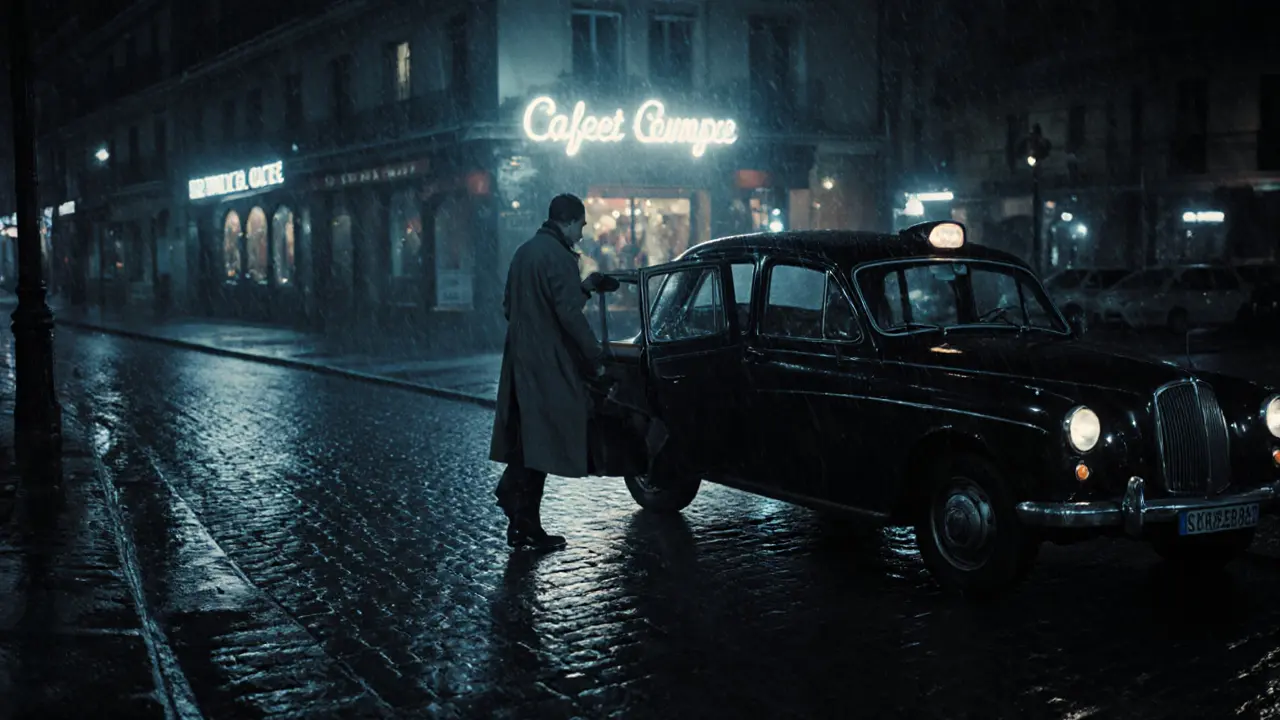 A rainy Paris street at night with a figure entering a cab, symbolizing discreet, unseen encounters.