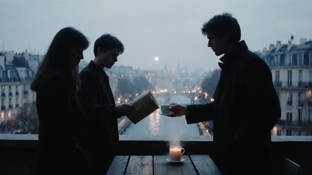 A rooftop gathering in Paris after midnight, someone handing a book to another under moonlight.