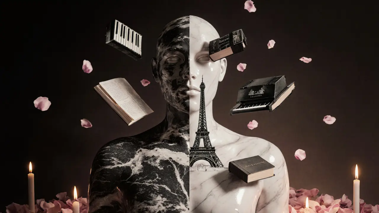A surreal marble human form merges with Paris icons, surrounded by petals and candlelight, symbolizing art and emotion.