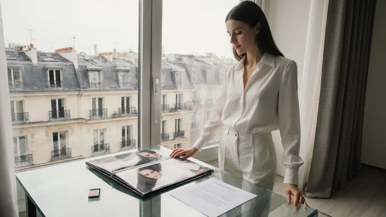 Agency office with model reviewing a contract, ID, and portfolio beside city windows.
