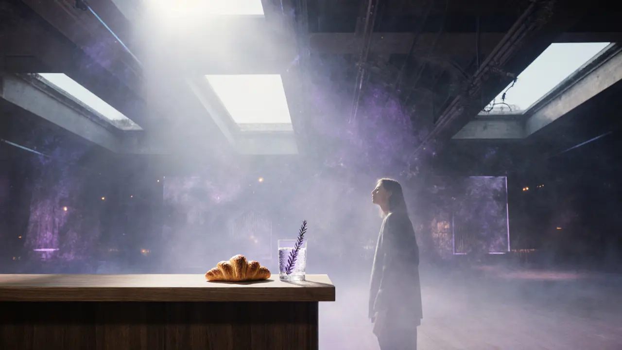 At dawn, sunlight enters a quiet club as a croissant rests on a counter, the last traces of light fading from the ceiling above.