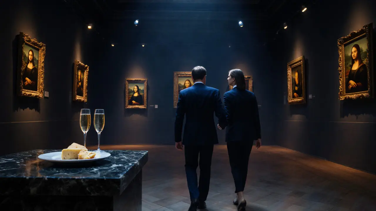 Companion and client enjoying a private after‑hours Louvre tour with champagne.