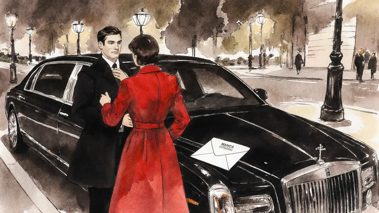 Companion and client standing by a black limousine, exchanging a discreet contract.