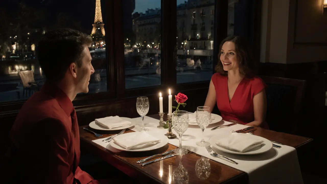 Companion in a red dress converses with client at a candlelit Michelin‑starred restaurant.