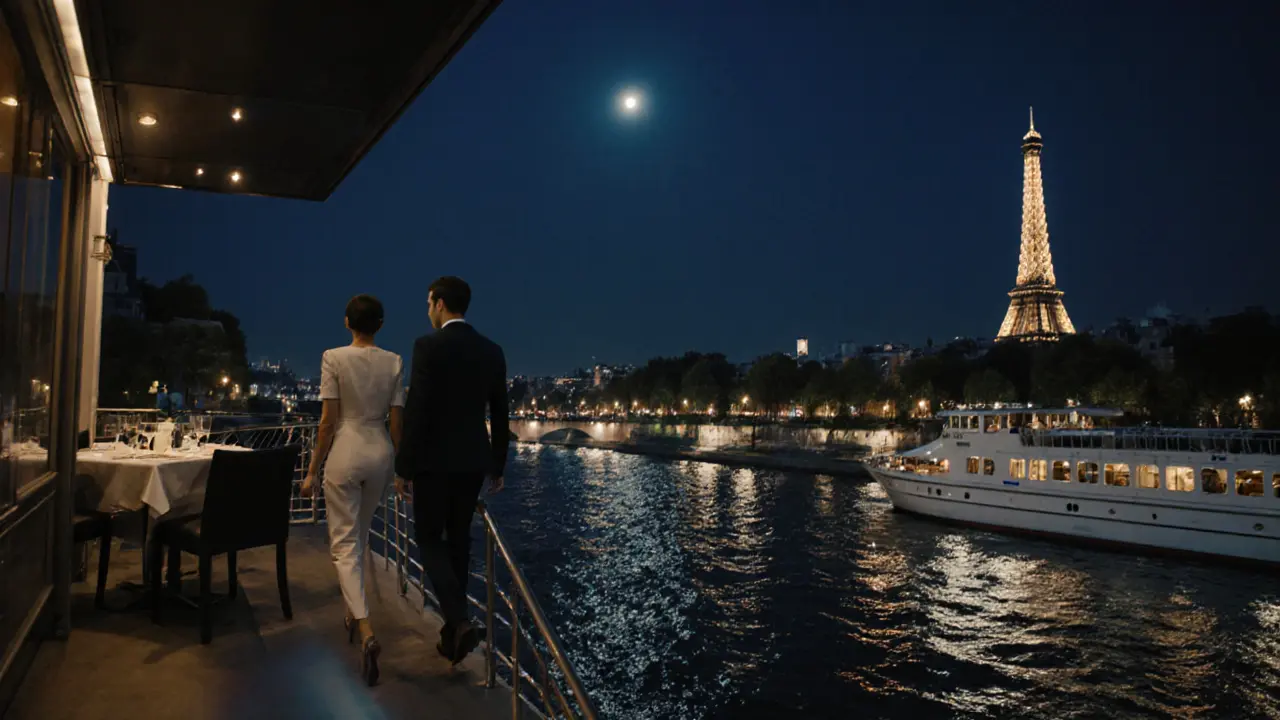Couple boarding a Seine river cruise after rooftop dinner, illuminated Paris skyline.