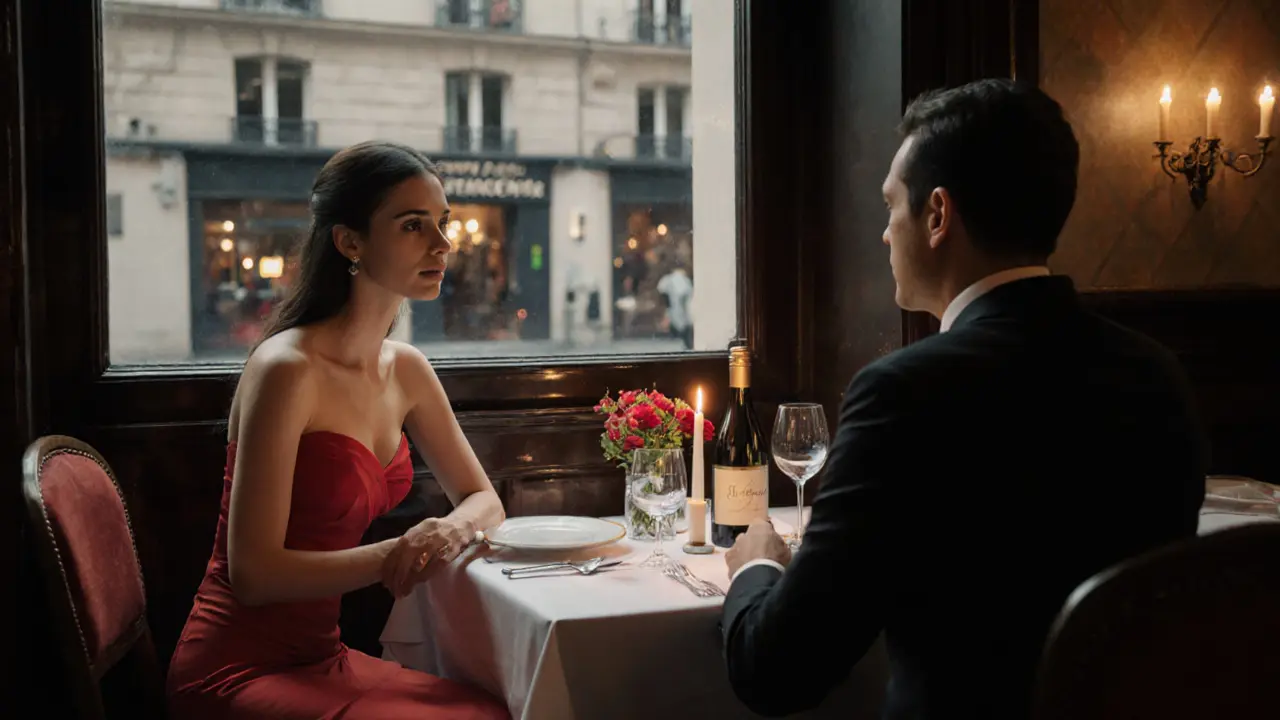 Couple dining at a candlelit Parisian bistro, escort in red dress beside wine.