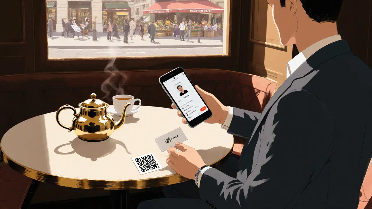 Cozy café corner showing a discreet safety check with a verified profile and QR code.