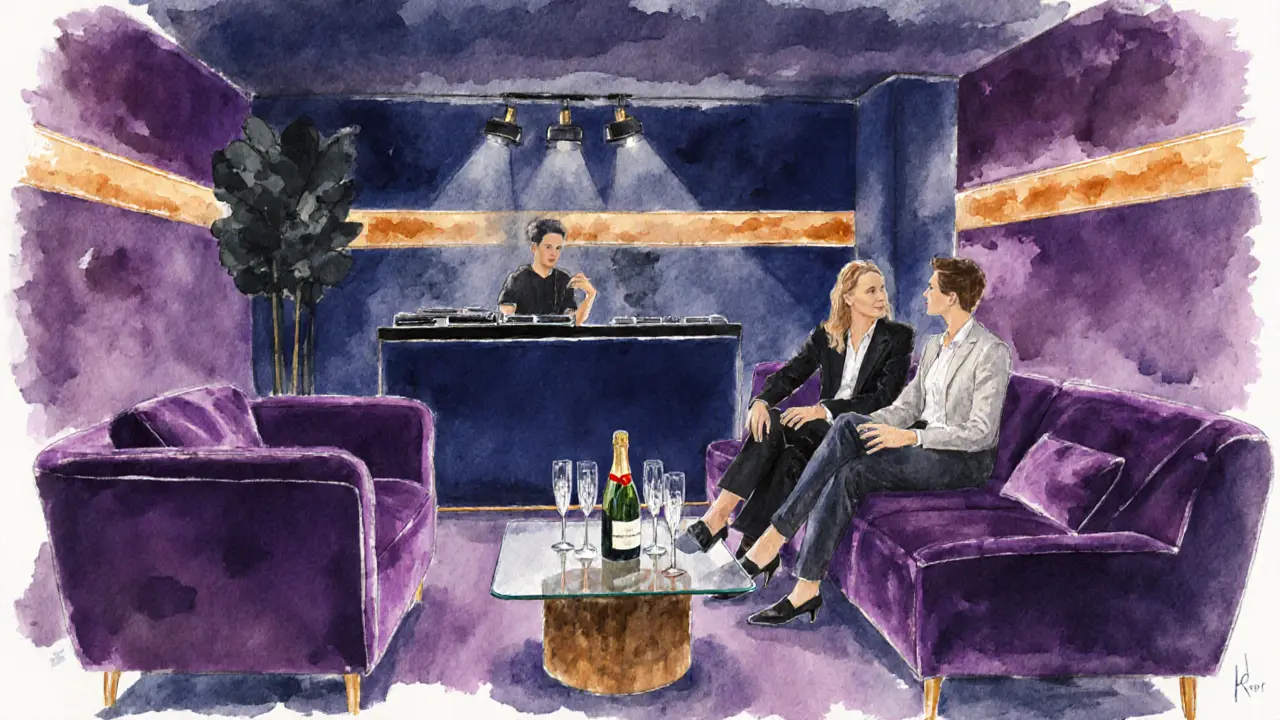 Cozy private suite with champagne, velvet seating and subdued lighting.