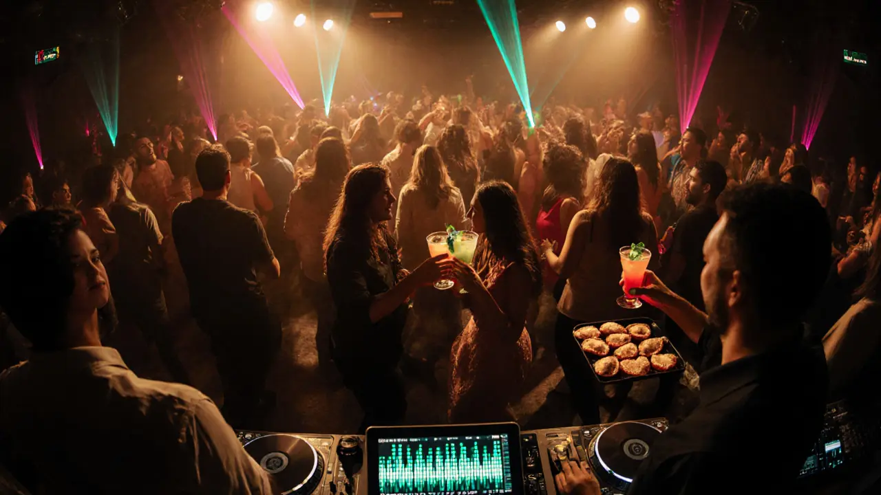 Crowded dance floor at midnight with lantern lighting, DJ, and friends enjoying cocktails.