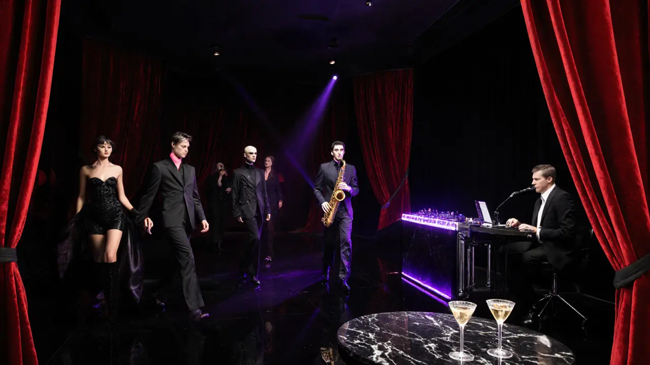 Dimly lit exclusive club interior with models, DJ, and a saxophonist performing.