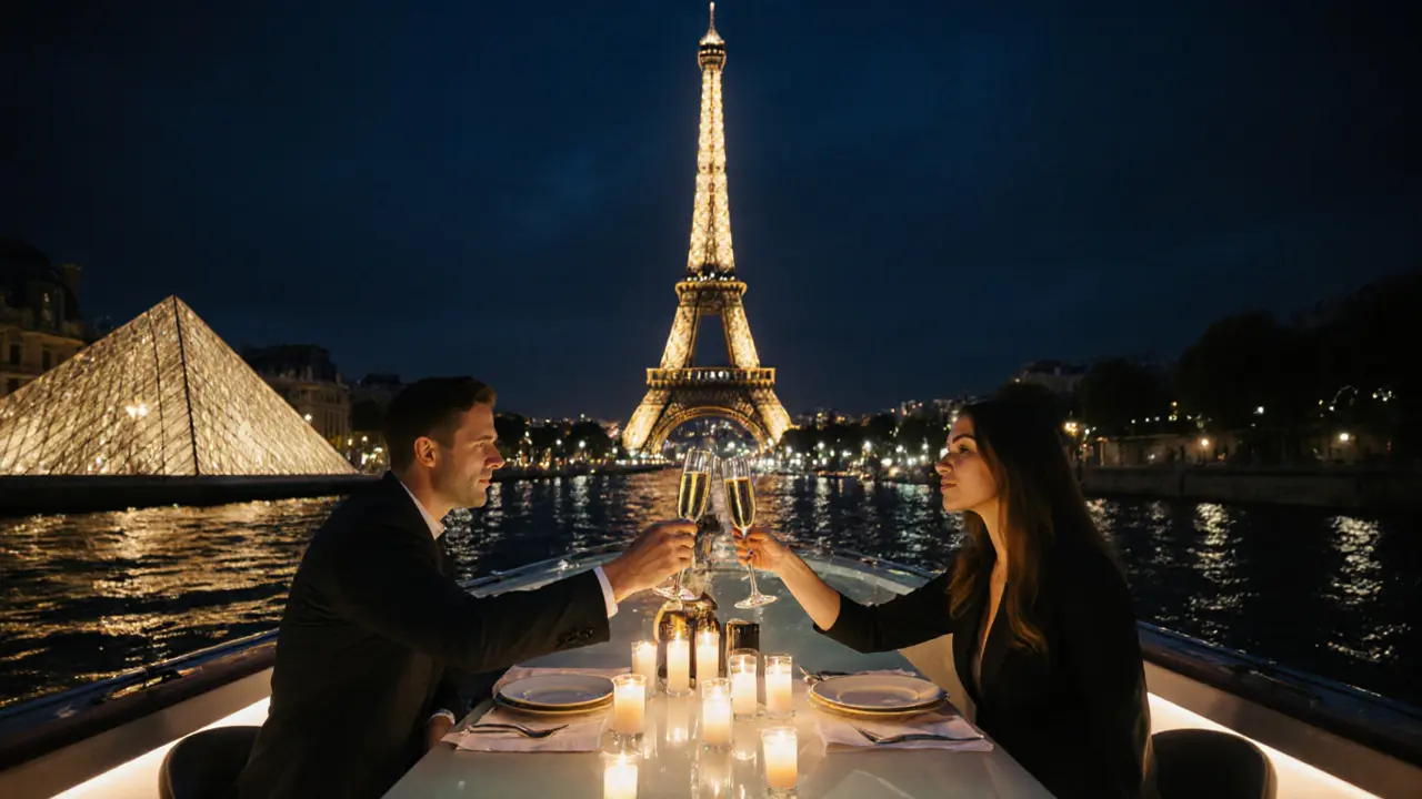 Dinner cruise on the Seine with candlelit table, couple toasting, Eiffel Tower reflected in water.