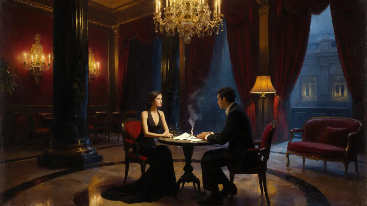 Discreet meeting between a model and client in a luxurious hotel lobby.