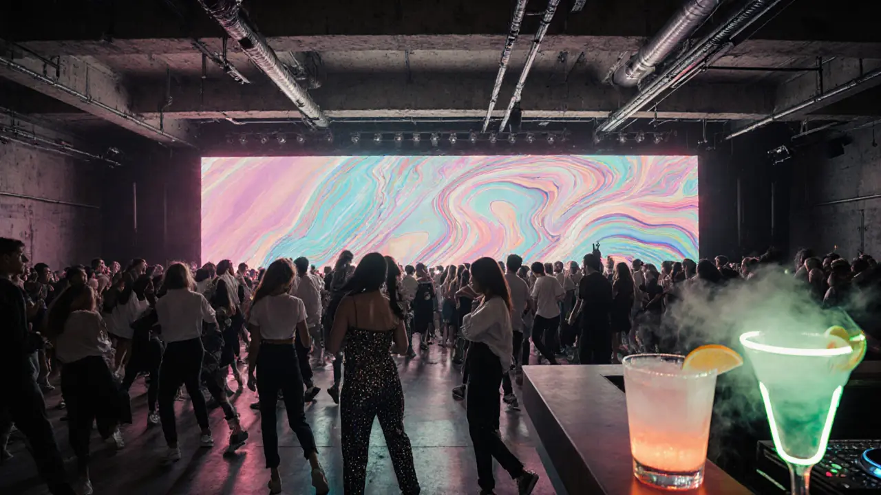 DJ booth and dancing crowd inside Glazart with glowing LED screens and colorful lighting.