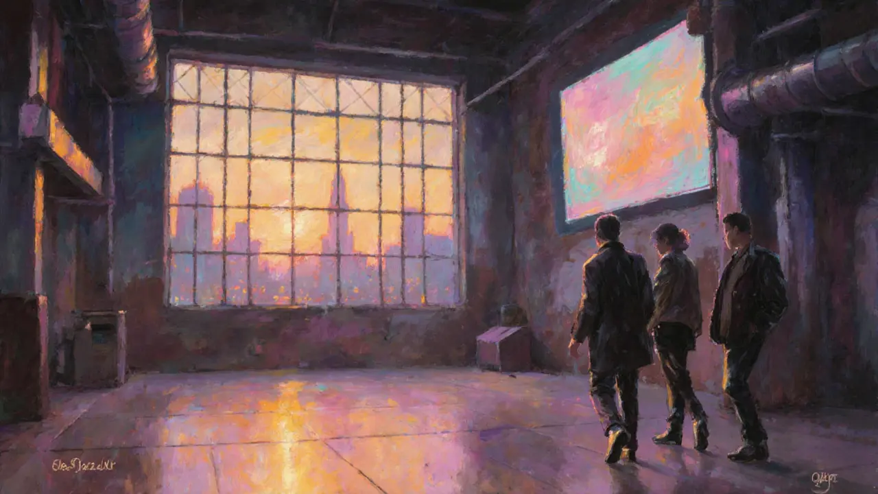 Early morning scene of empty dance floor at Glazart bathed in soft sunrise light.