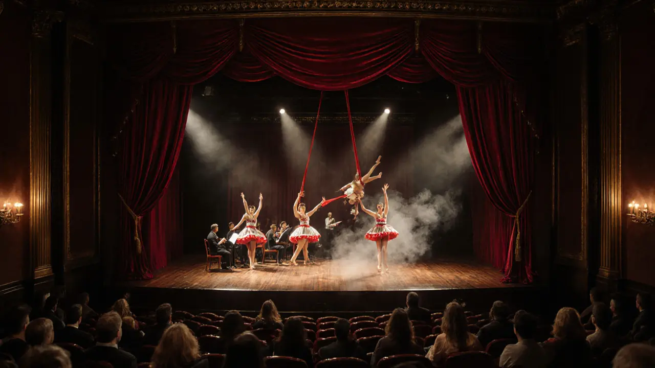 Elegant main stage with velvet curtains, performers and low‑lit audience.