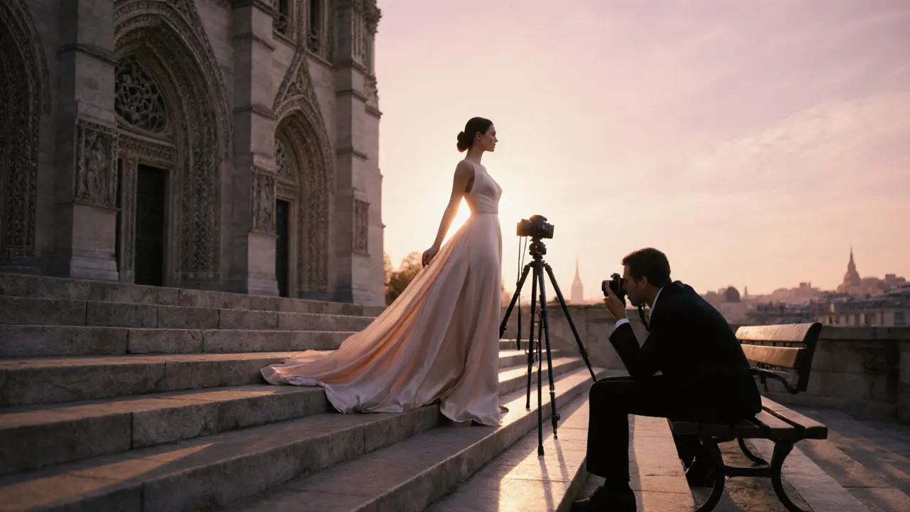 Elegant model posing on Montmartre steps during a private photo shoot.
