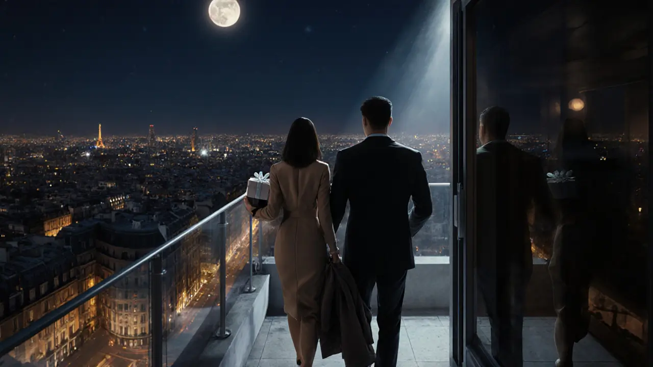 Escort and client walk off a rooftop bar at night, Paris skyline behind them.