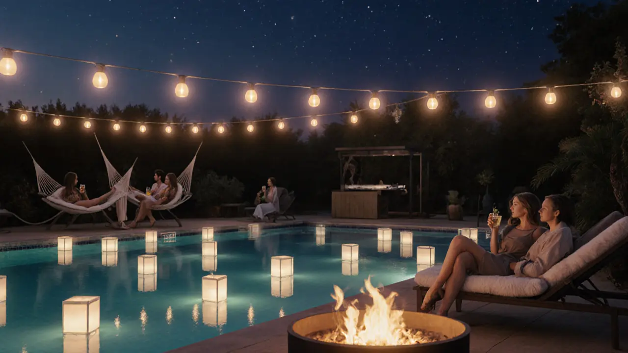 Evening poolside lounge with lanterns, fire pit, and relaxed guests.