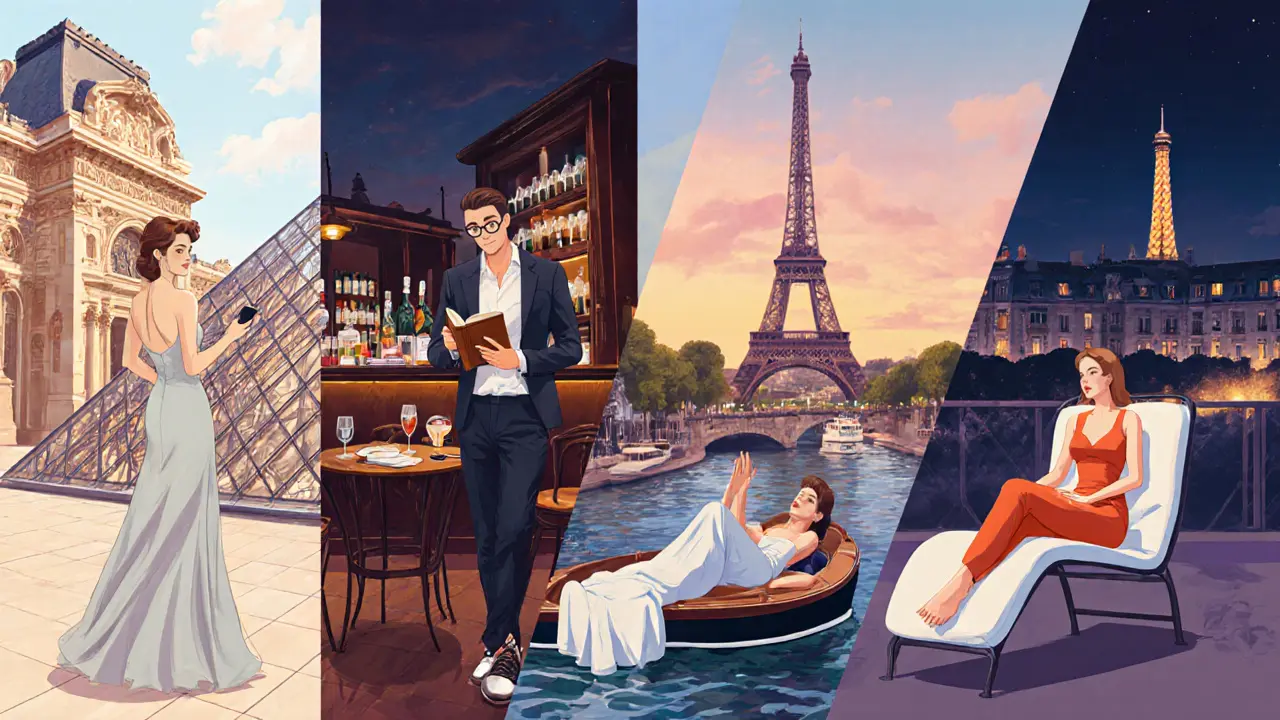 Five companion styles illustrated in Paris settings: classic, modern, intellectual, sporty, and relaxation.