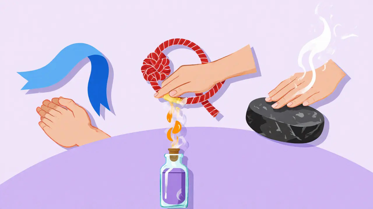 Flat‑design icons illustrating Swedish, deep‑tissue, Shiatsu, hot‑stone, and aromatherapy massages.