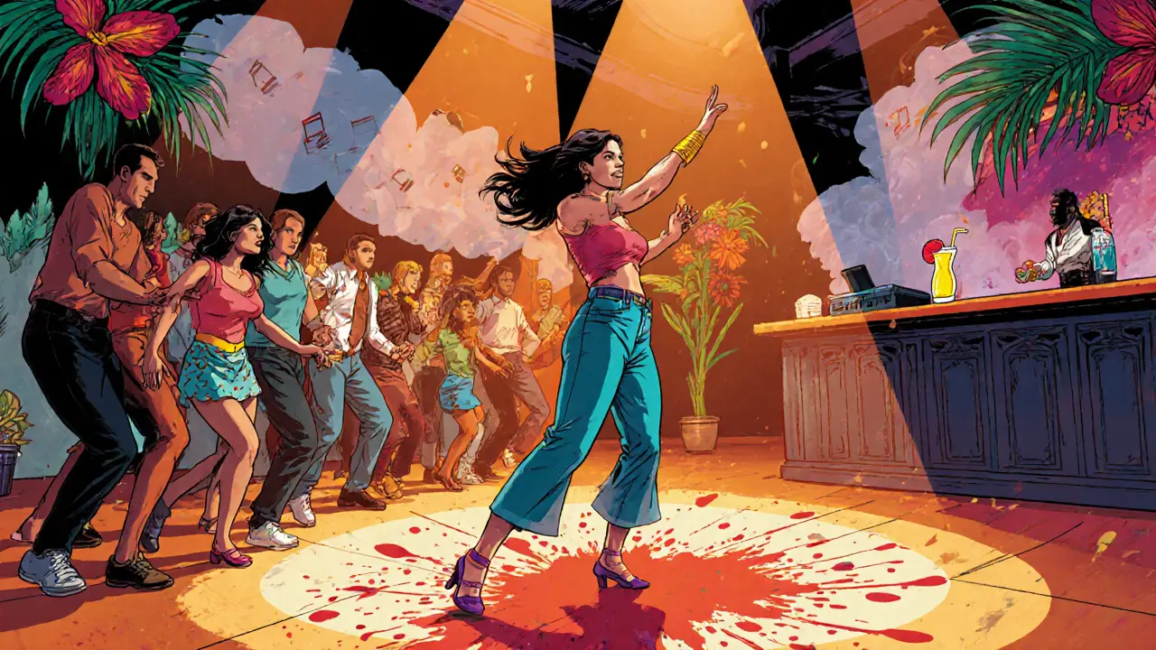 Illustrated salsa lesson inside club, instructor teaching beginners on colorful dance floor.