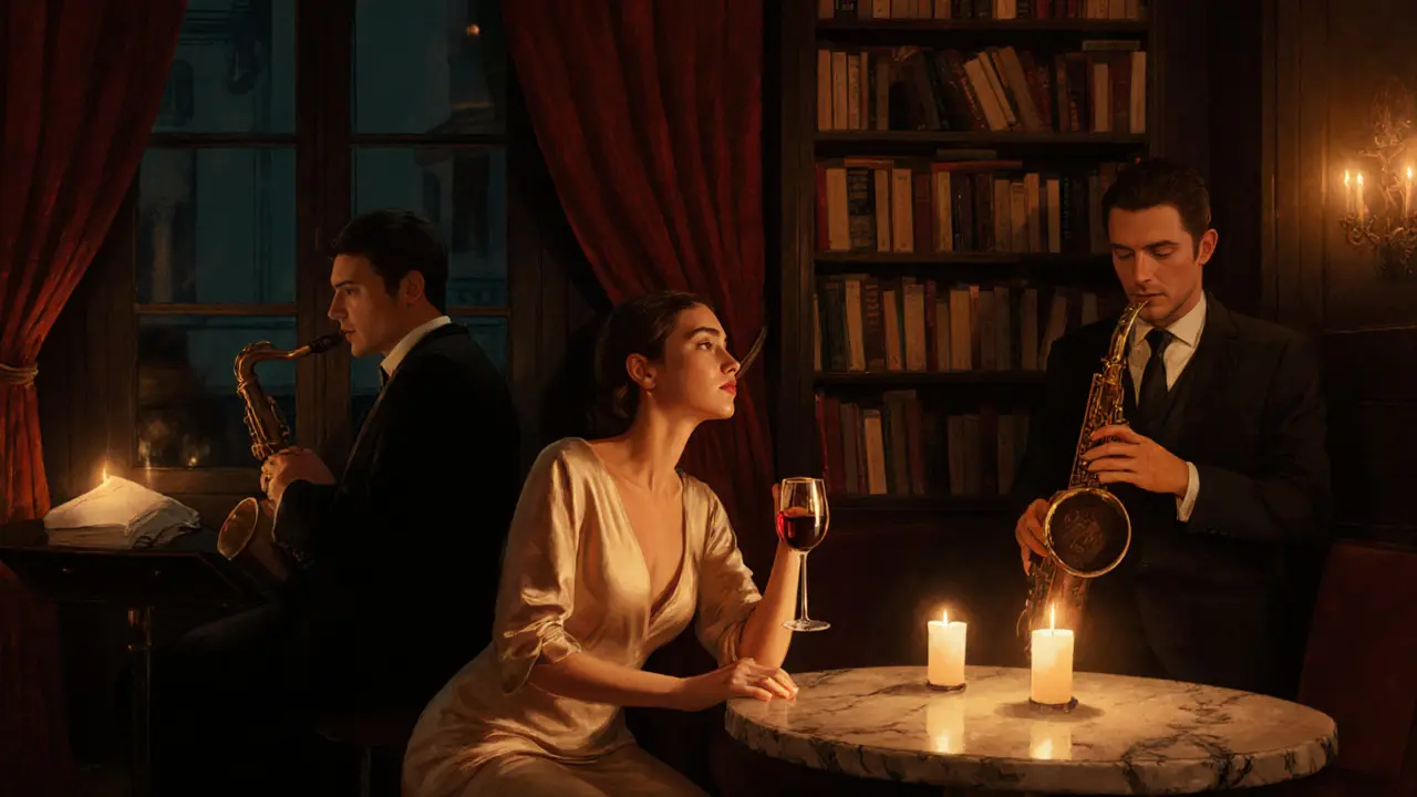 Intimate jazz club scene with two people sharing wine and conversation under soft lighting.