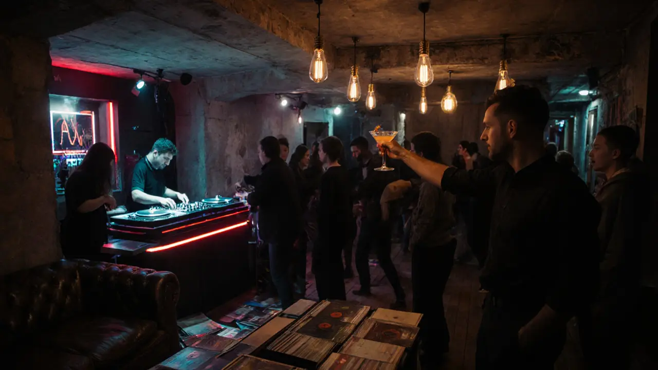 Intimate underground club interior with DJ, couch, and dancing crowd.