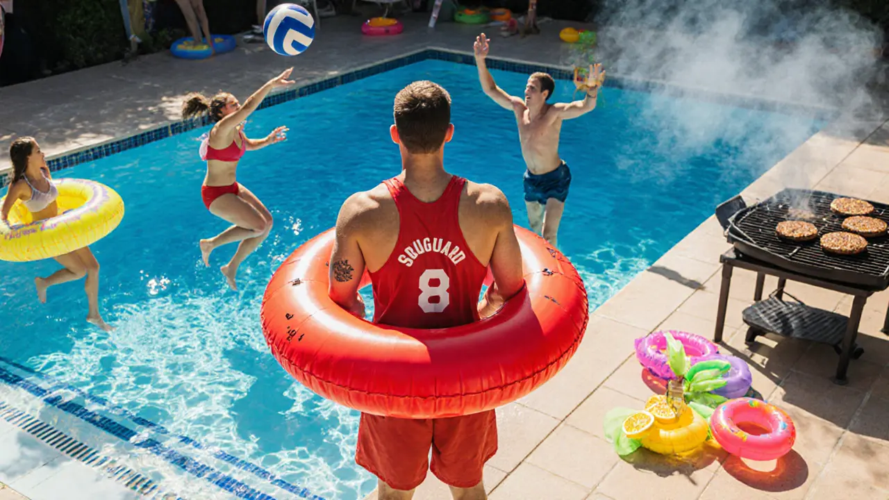 Lifeguard watches pool party activities like volleyball and grilling.