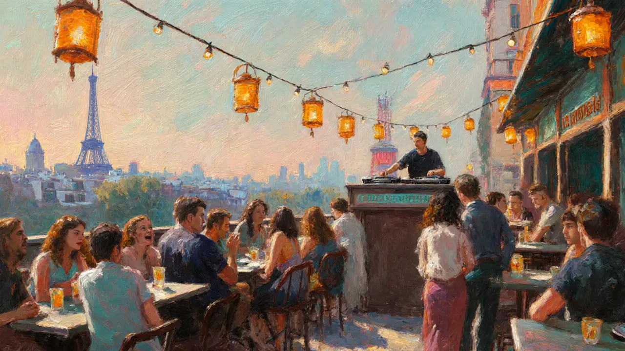 Lively rooftop bar with view of the Moulin Rouge and city lights.