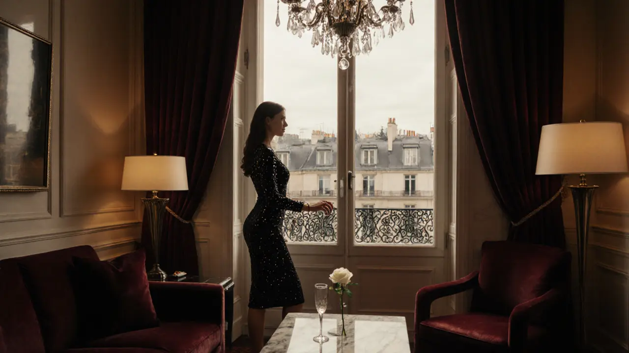 Luxurious hotel suite interior with a sophisticated escort holding champagne and a rose.