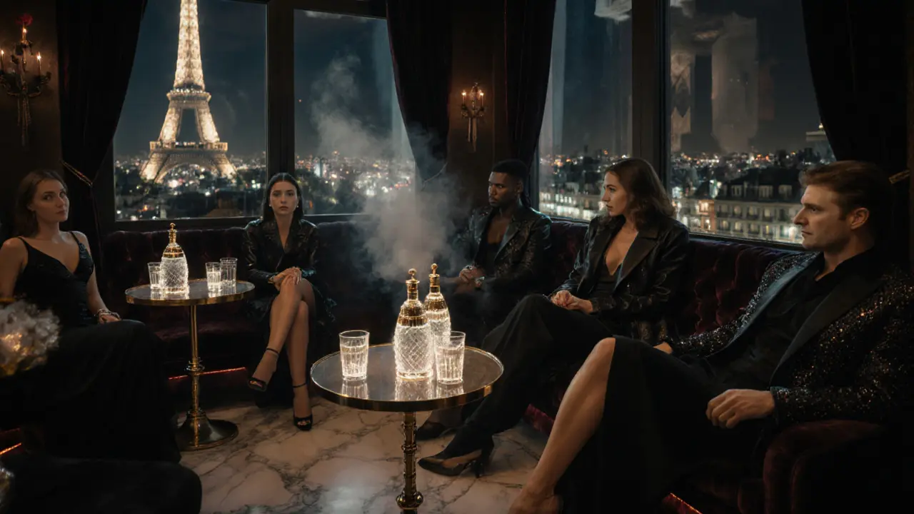 Luxurious VIP area with champagne bottles, velvet seating, and Paris skyline view.