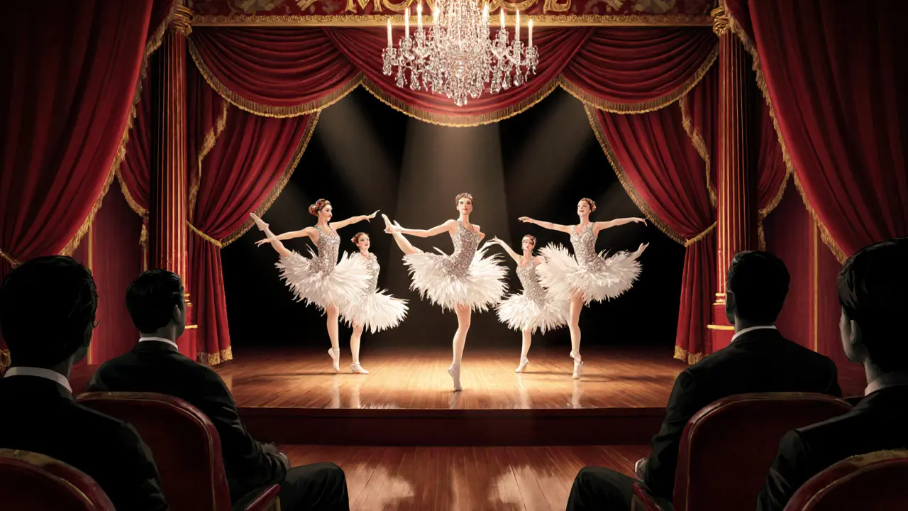 Moulin Rouge interior with can‑can dancers, red velvet curtains and golden chandelier.