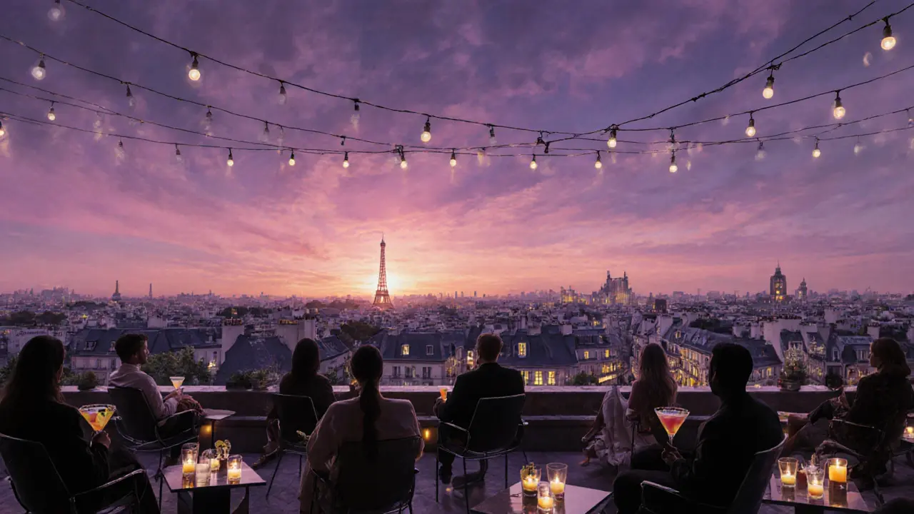 Rooftop bar at sunset overlooking Paris skyline with relaxed guests.
