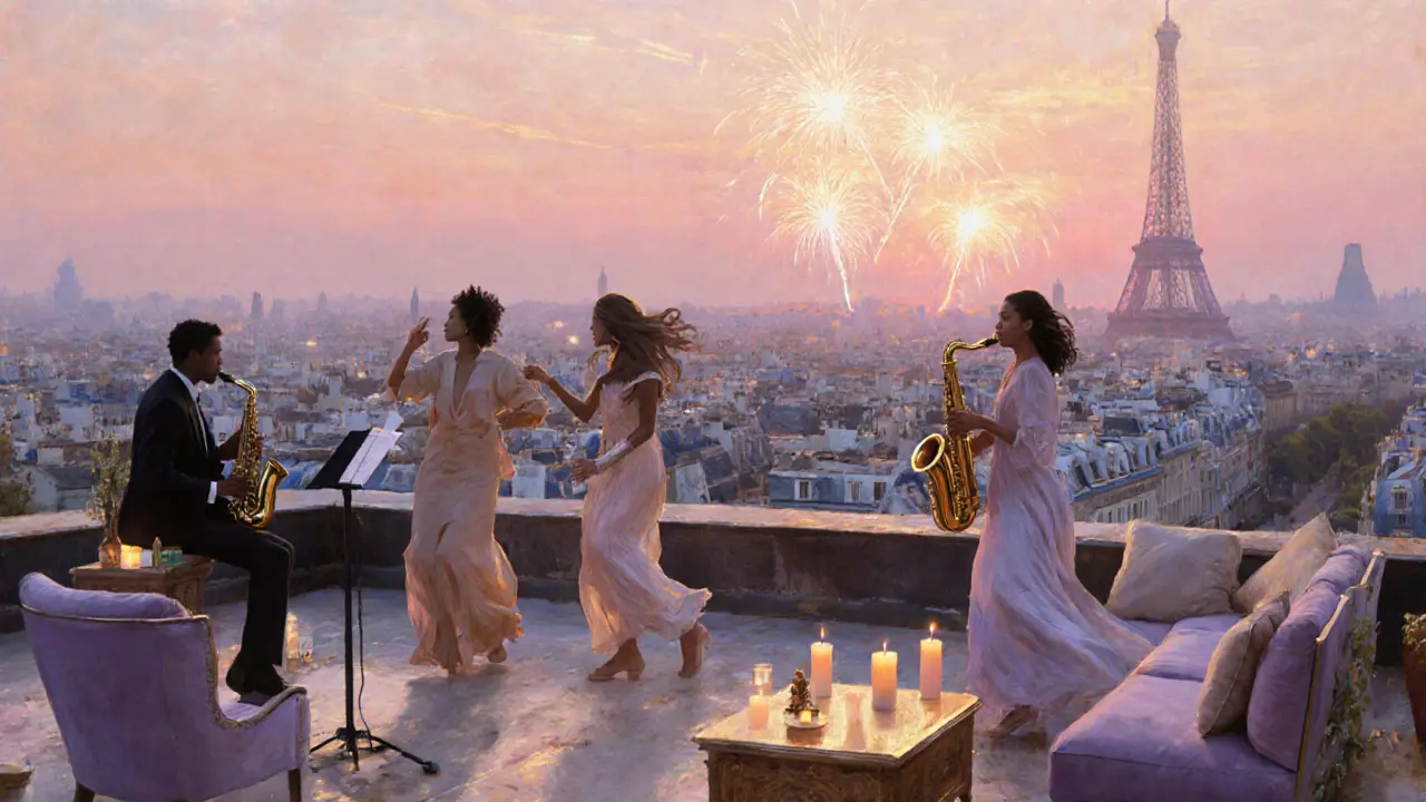 Rooftop sunrise after‑party with models dancing, fireworks, and a saxophonist.