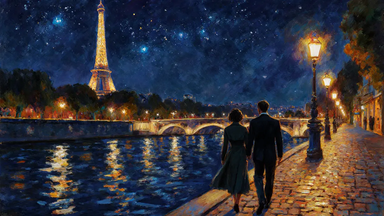 Silhouetted couple walks along the Seine with the illuminated Eiffel Tower background.