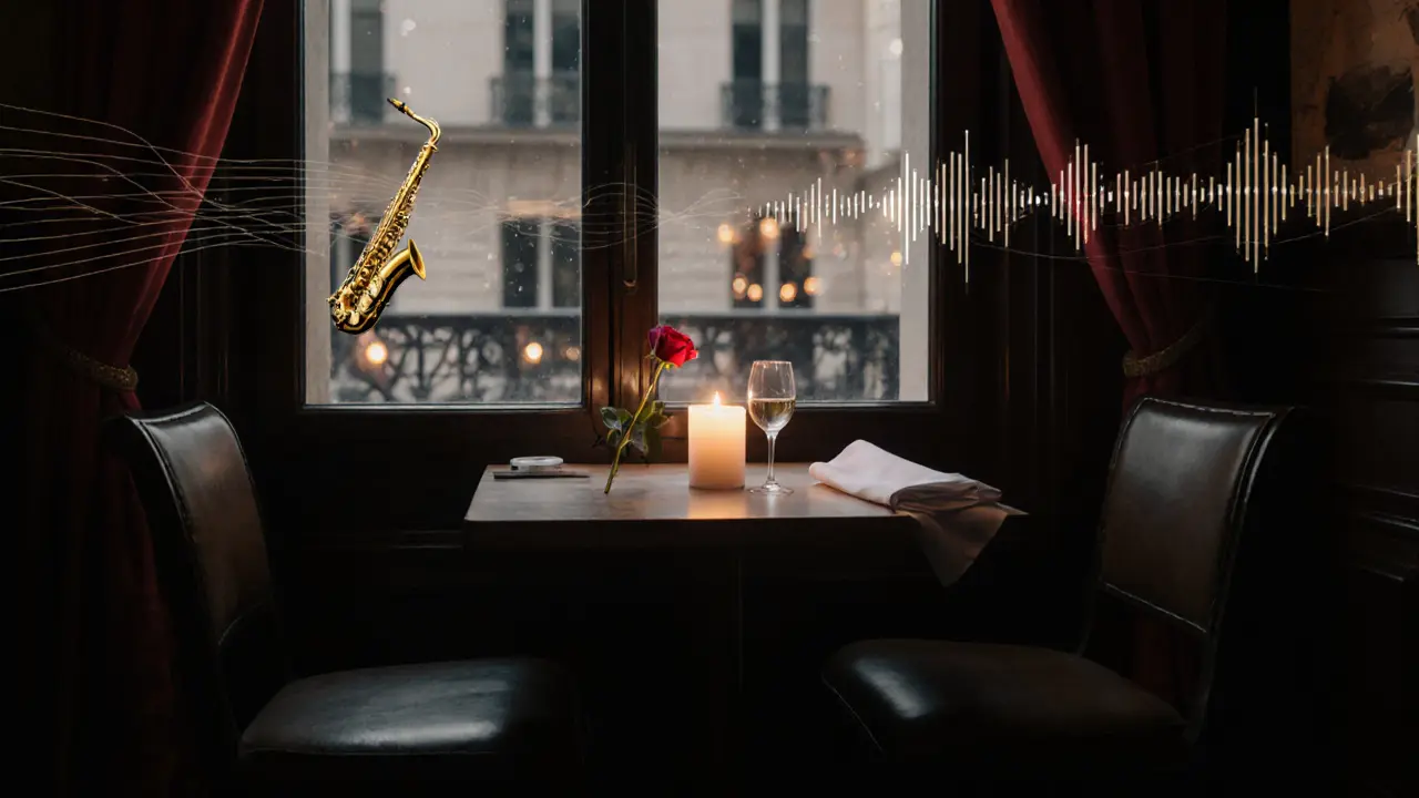 Two empty chairs at a candlelit jazz bar table in Paris, one with a rose and wine glass, evoking quiet human connection.