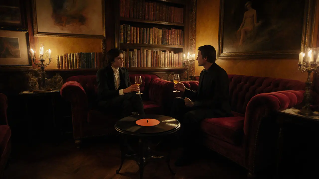 Two people sharing quiet conversation in a candlelit Parisian loft with erotic art on the walls.
