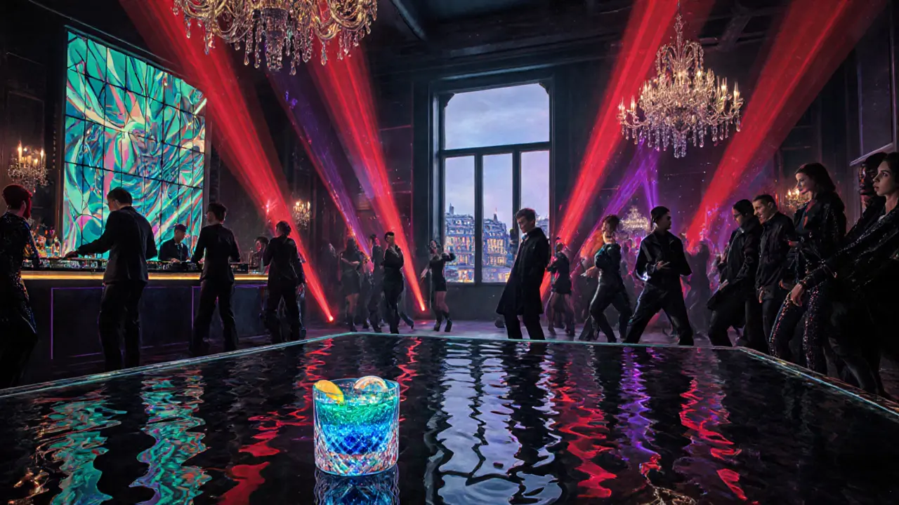 Vibrant interior with lake‑shaped dance floor, laser lights, and DJ Laurent Garnier.