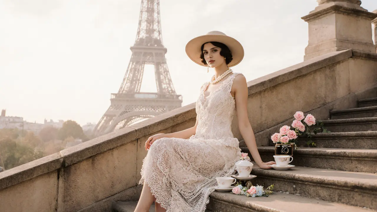 Vintage Parisian tea‑party photo shoot on Montmartre stairs with Eiffel Tower backdrop.