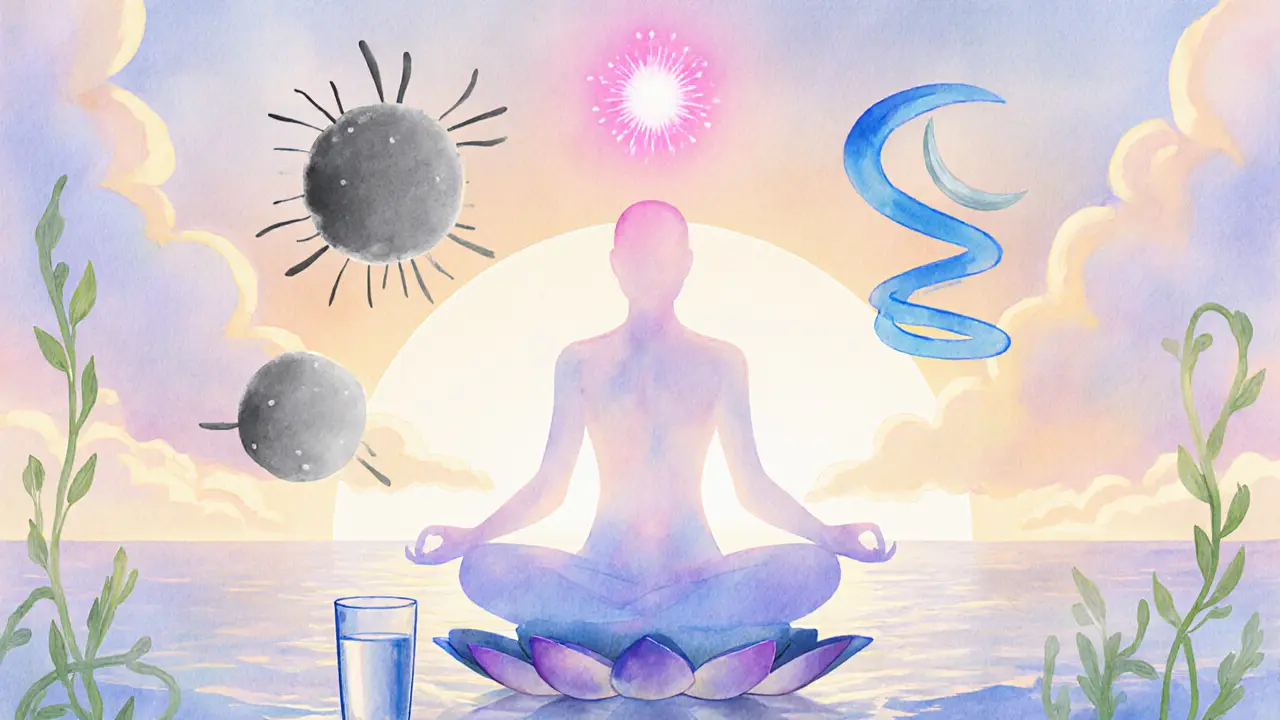Watercolor of a meditating figure surrounded by symbols of reduced cortisol and increased serotonin.