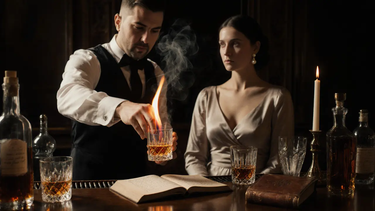 A bartender lighting a drink's rim with flame, surrounded by antique glassware and handwritten notes.