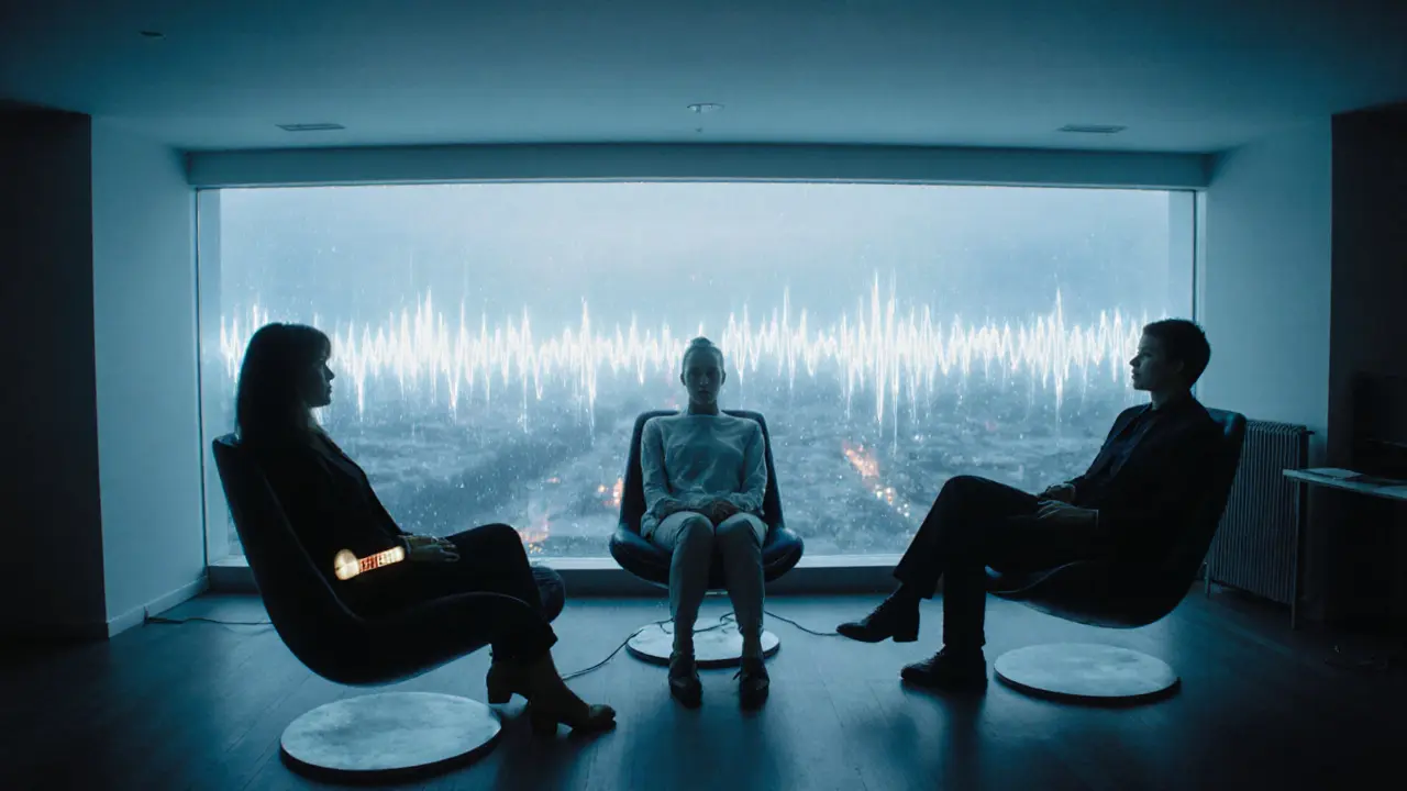 A calm lounge with floating chairs and a person wearing a biofeedback wristband synced to ambient light waves.