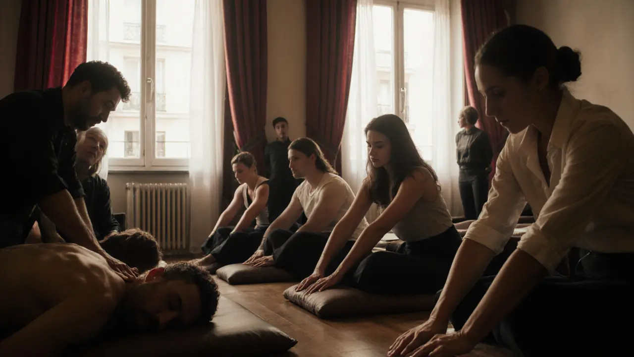 A group of adults receives a gentle massage in a softly lit, modern sex club space in Paris.