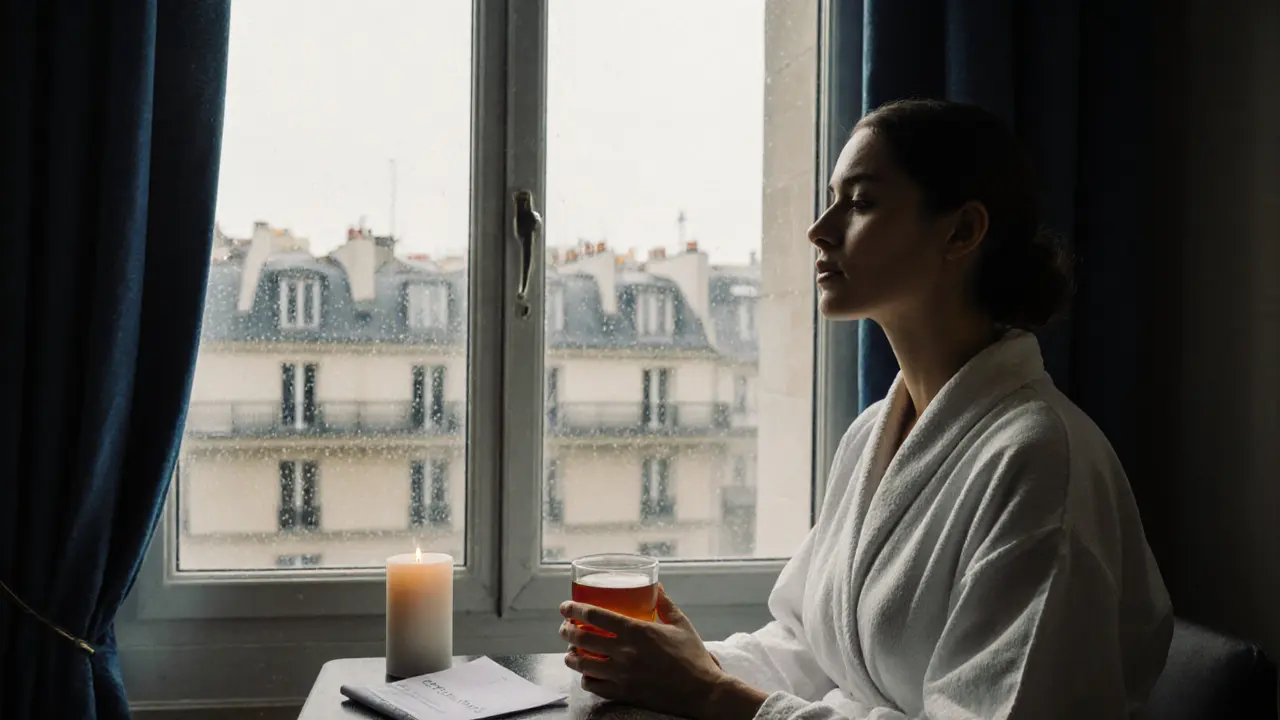 A guest sits peacefully after a massage, drinking tea by a rainy Paris window, wrapped in a robe, eyes closed in quiet relief.