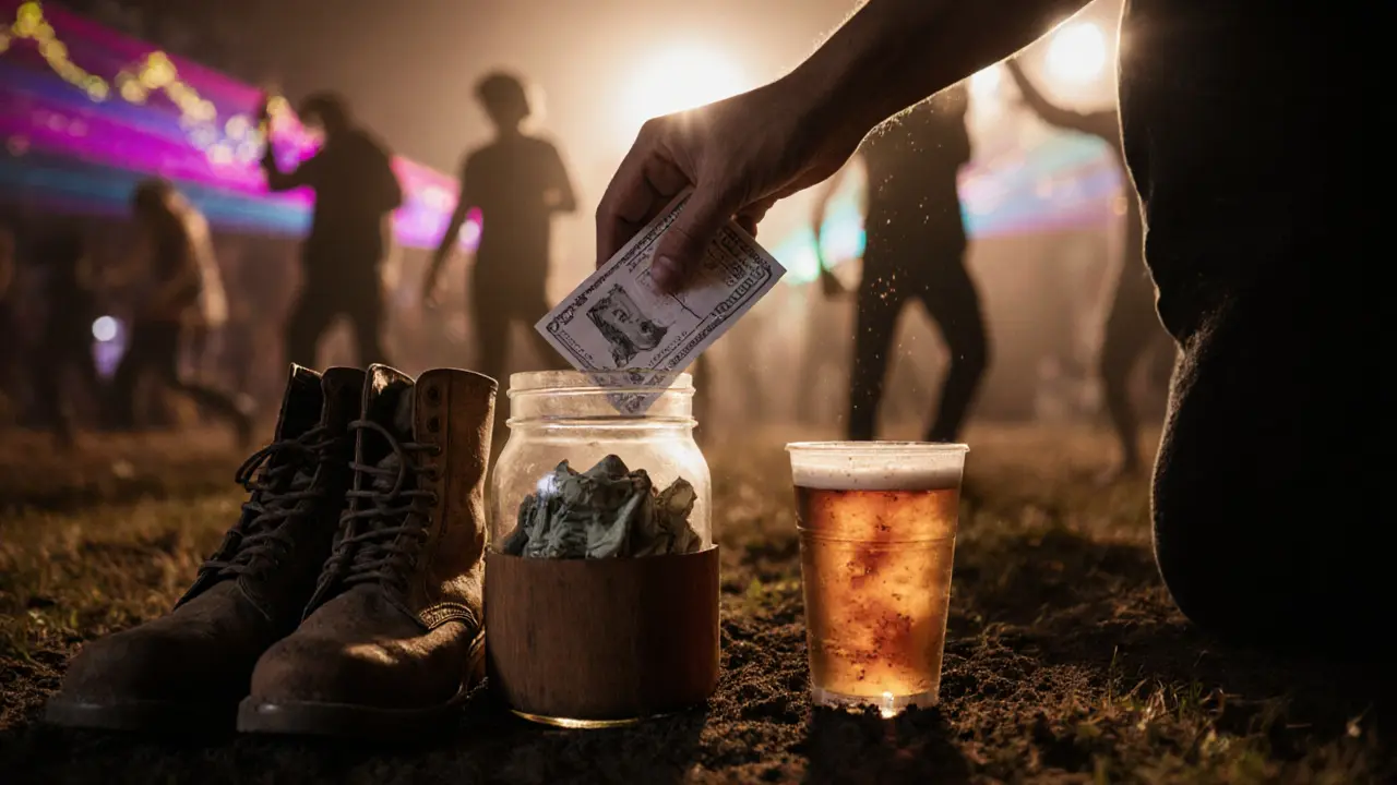 A hand placing a ticket into a jar of cash beside a plastic cup and worn boots in a dark club.