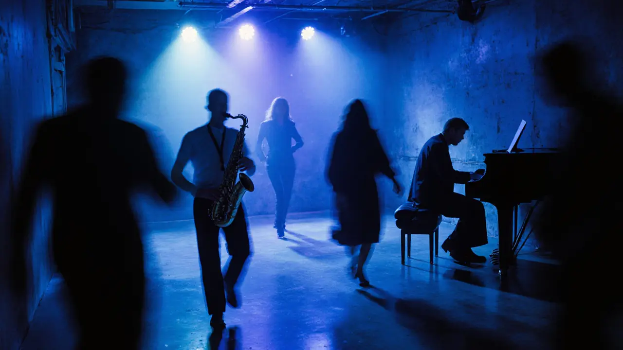 A hidden dance floor with silhouetted figures moving gently under soft blue and colored lights.